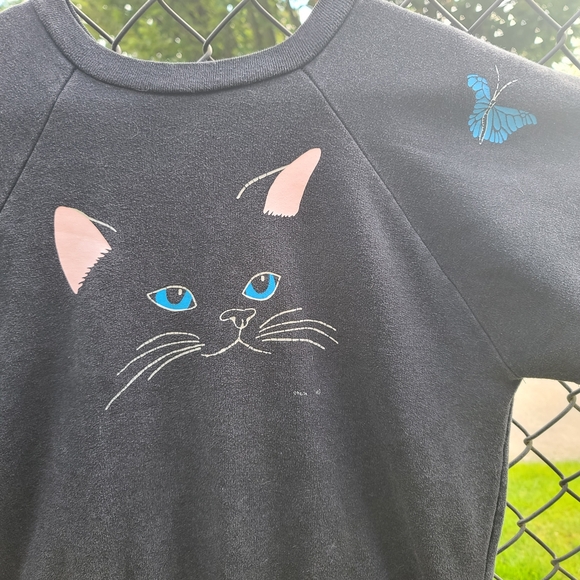Vintage 80's black cat face sweatshirt t-shirt - M - Picture 2 of 5
